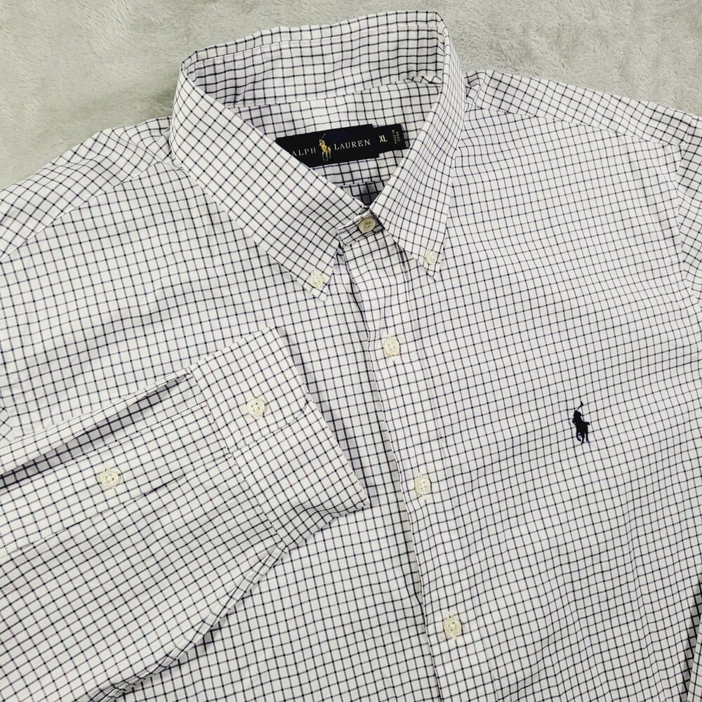 Ralph Lauren Shirt Mens XL White Purple Check Long Sleeve Button Up Regular Fit